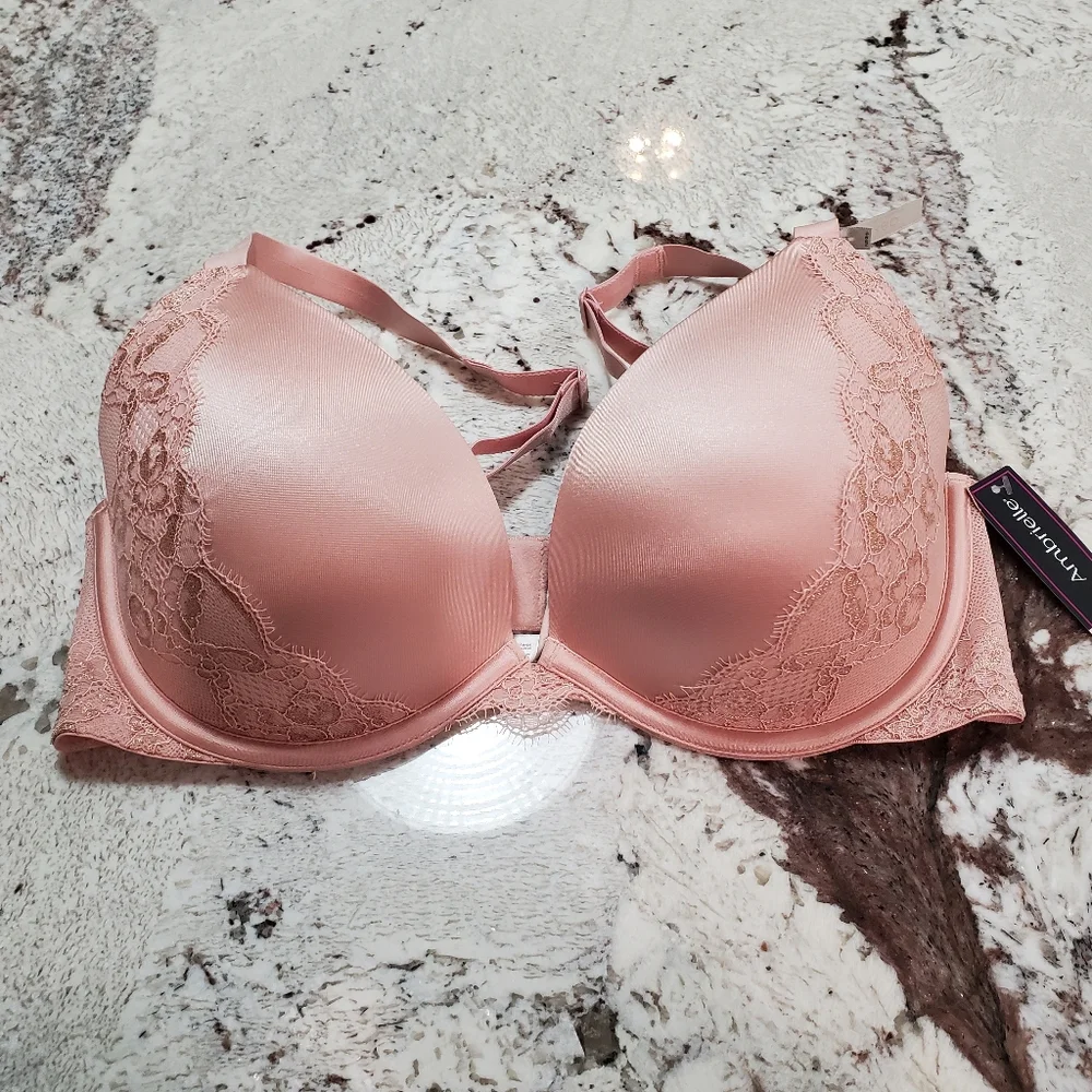 New Ambrielle Pink Plunge Bra with Lace Detail - Picture 3 of 10